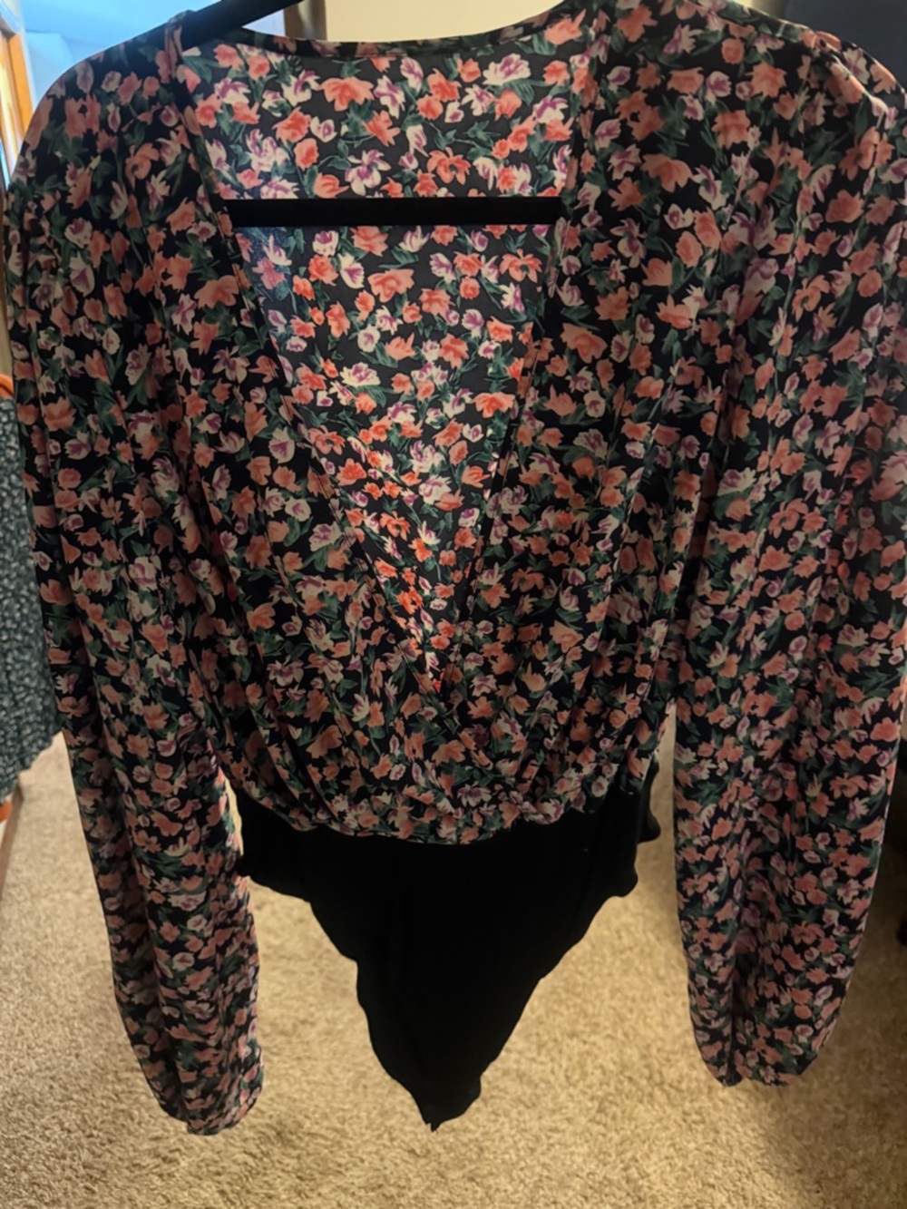 SHEIN Black Floral Wrap Bodysuit with Pink Flowers